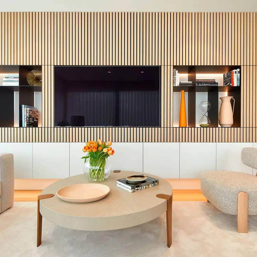 Tấm cách âm trang trí bằng gỗ trong phòng khách | Trọng Interior