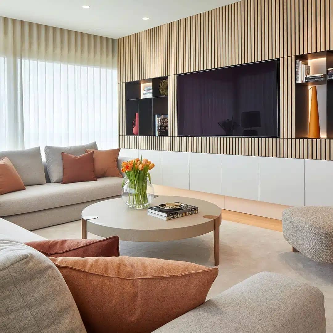 Trang trí phòng khách bằng tấm cách âm gỗ | Trọng Interior