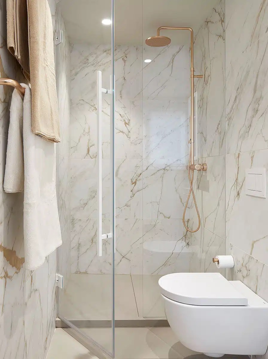 Vòi sen tắm đứng inox màu đồng, phòng tắm kính | Trọng Interior