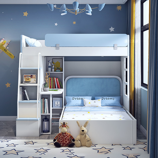 Giường tầng cao cấp bằng gỗ thiết kế mới màu trắng xanh