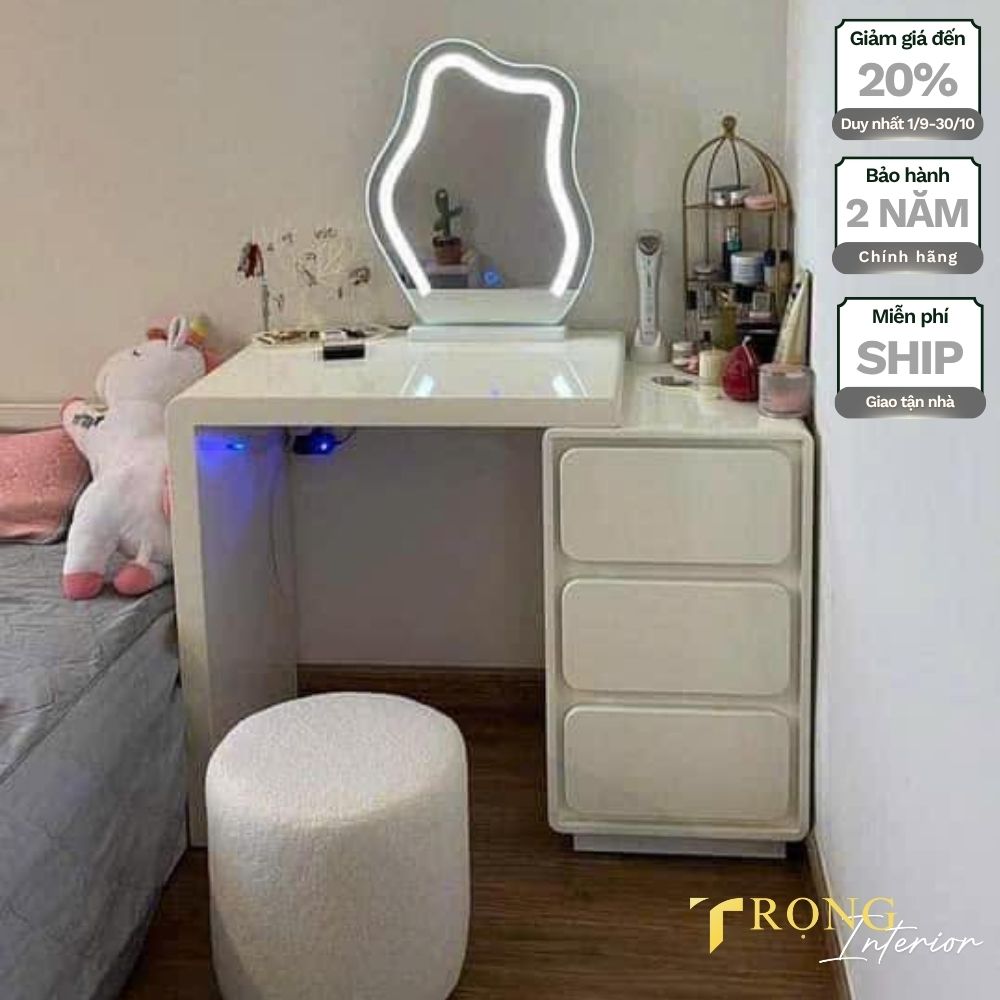 3 Bàn trang điểm trắng đơn ghế đôn vải lanh, gương đám mây led #btd11885 _ Trọng Interior