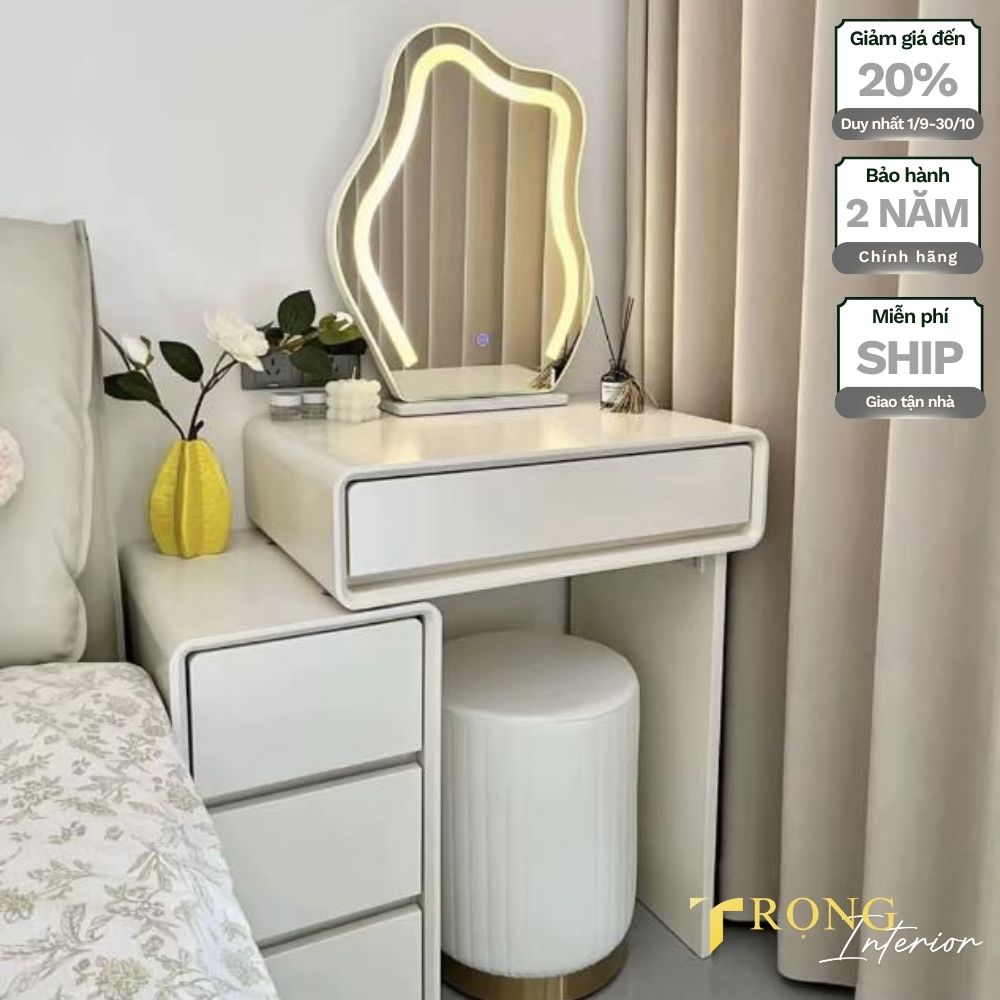 4 Bàn trang điểm trắng đơn ghế đôn vải dọc, gương đám mây led vàng #btd11886 _ Trọng Interior