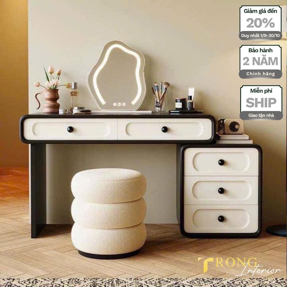 6 Bàn trang điểm trắng khung đen size nhỏ, gương đám mây led, ghế khối tròn #btd88211 _ Trọng Interior