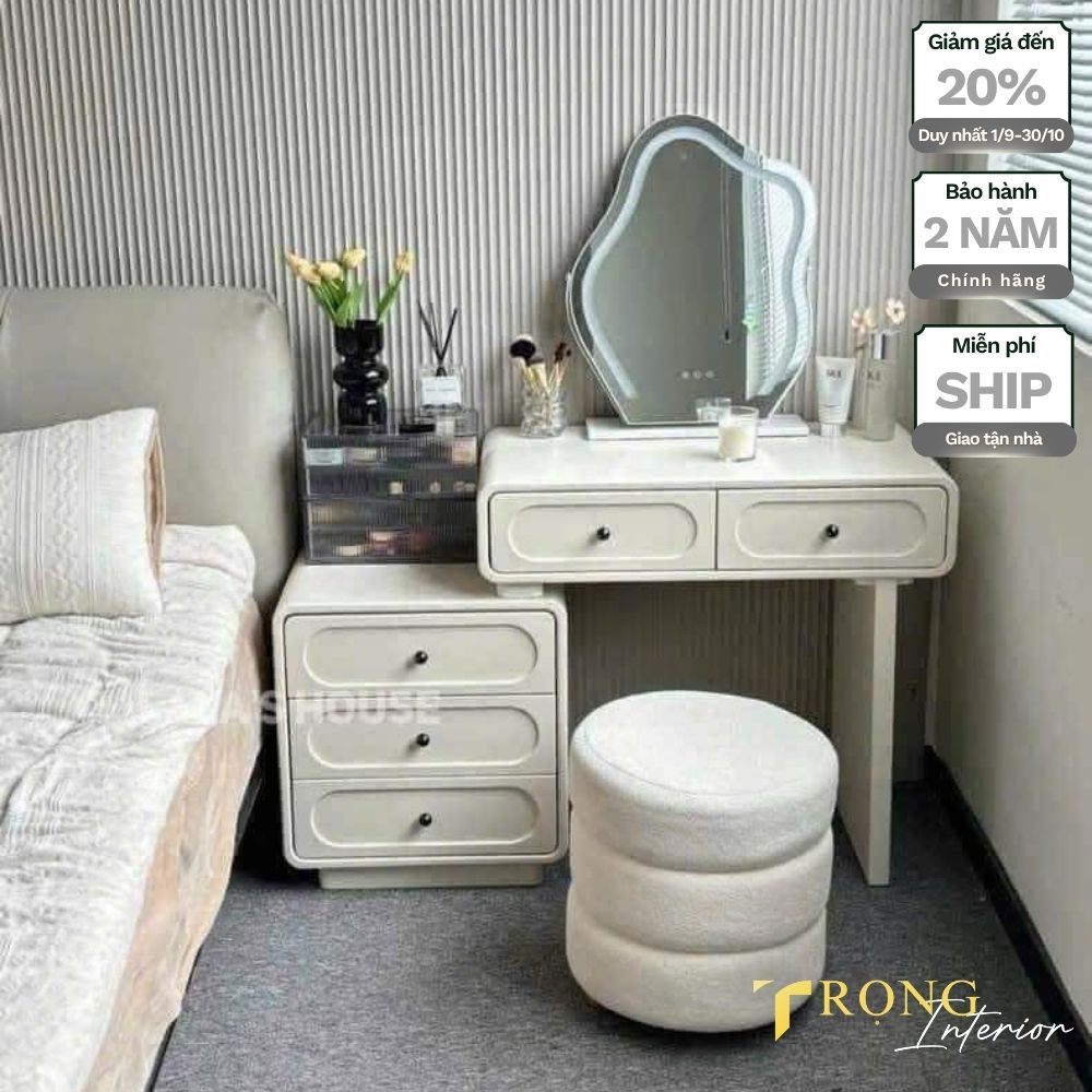 7 Bàn trang điểm trắng, hộc kéo oval size nhỏ, gương led đám mây #btd87821 _ Trọng Interior