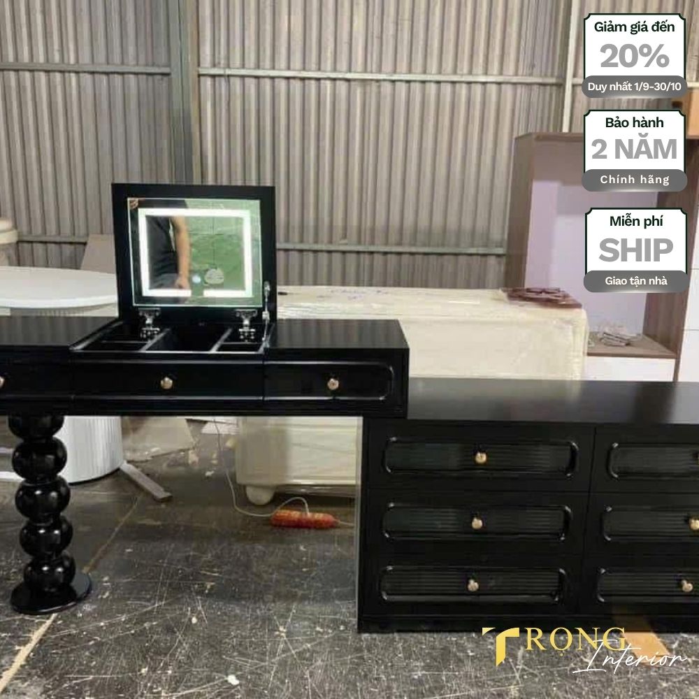 9 Bàn trang điểm size to màu đen, gương vuông led đen #btd8712 _ Trọng Interior